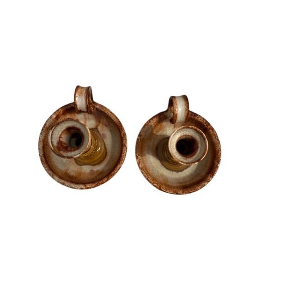 Vtg Dryden Original Pottery Pair of Candlesticks Brown Tan 3.75" Tall - Picture 7 of 8